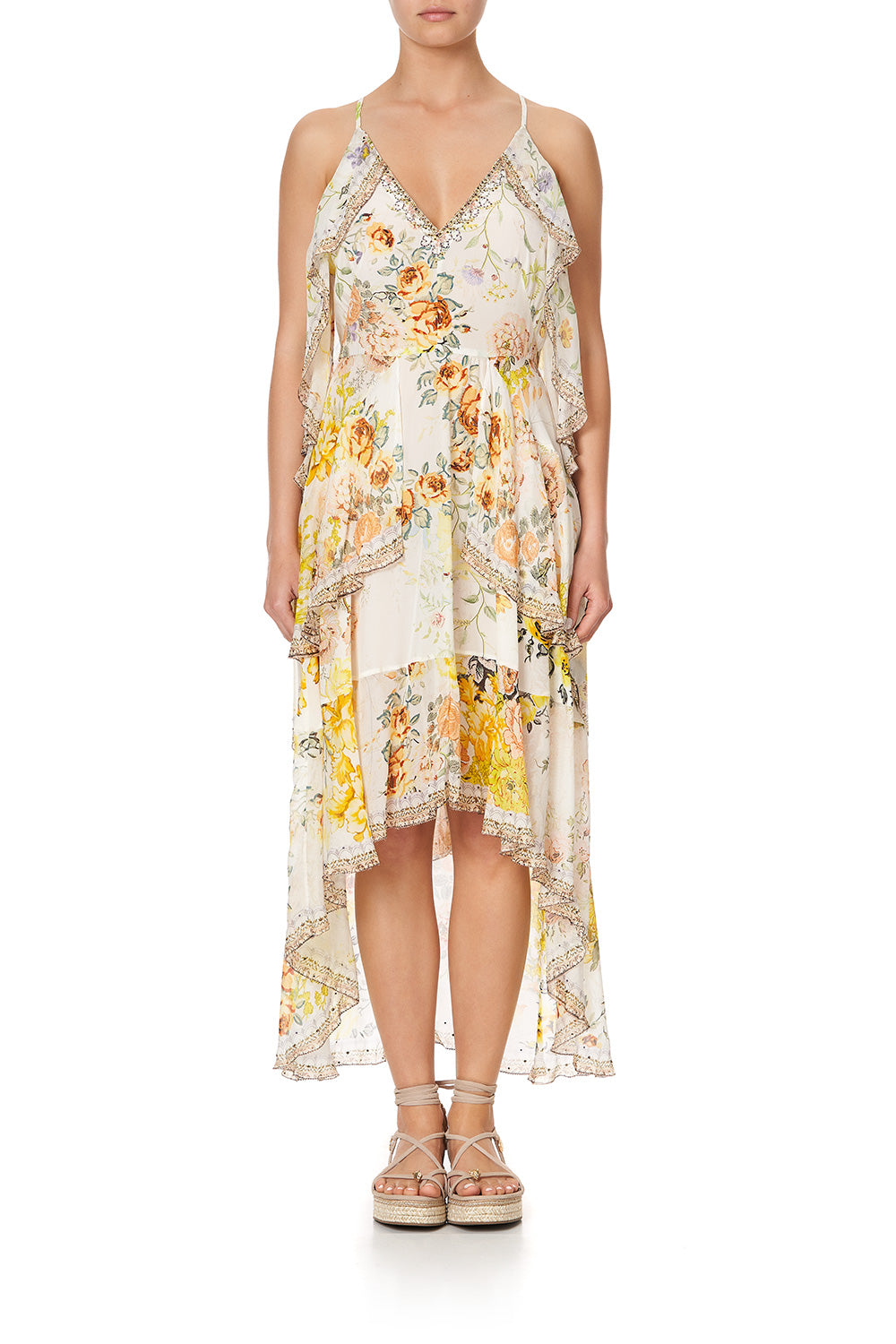 V-NECK FITTED DRESS WITH RUFFLES IN THE HILLS OF TUSCANY