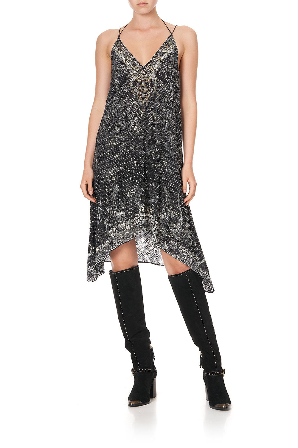 V-NECK STRAPPY FLARE DRESS MIDNIGHT PEARL