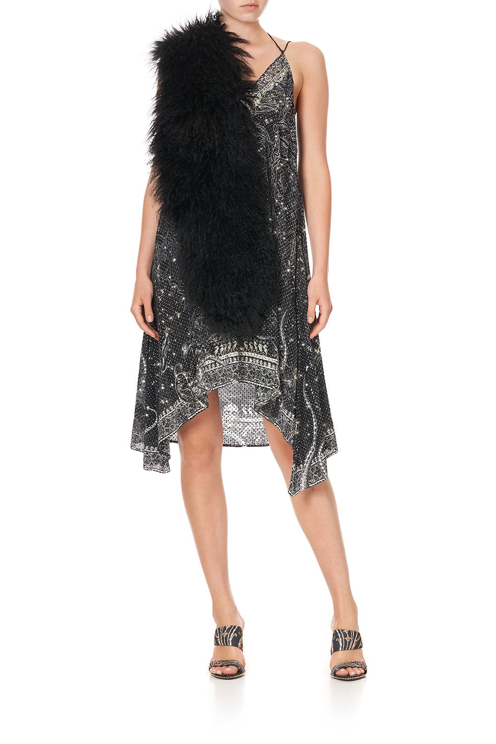 V-NECK STRAPPY FLARE DRESS MIDNIGHT PEARL