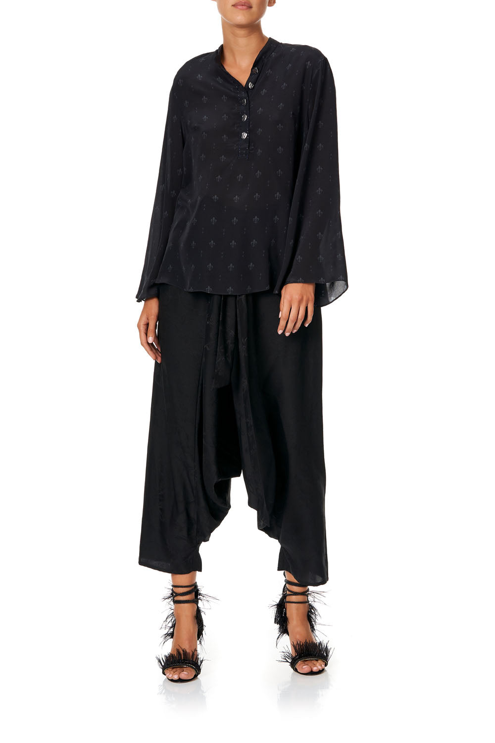 WIDE SLEEVE BUTTON UP BLOUSE BLACK