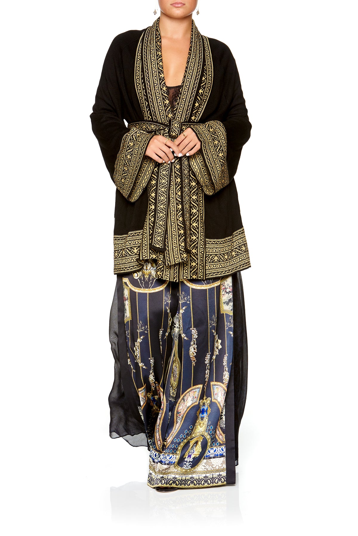 KIMONO KNIT WITH TIE BLACK GOLD