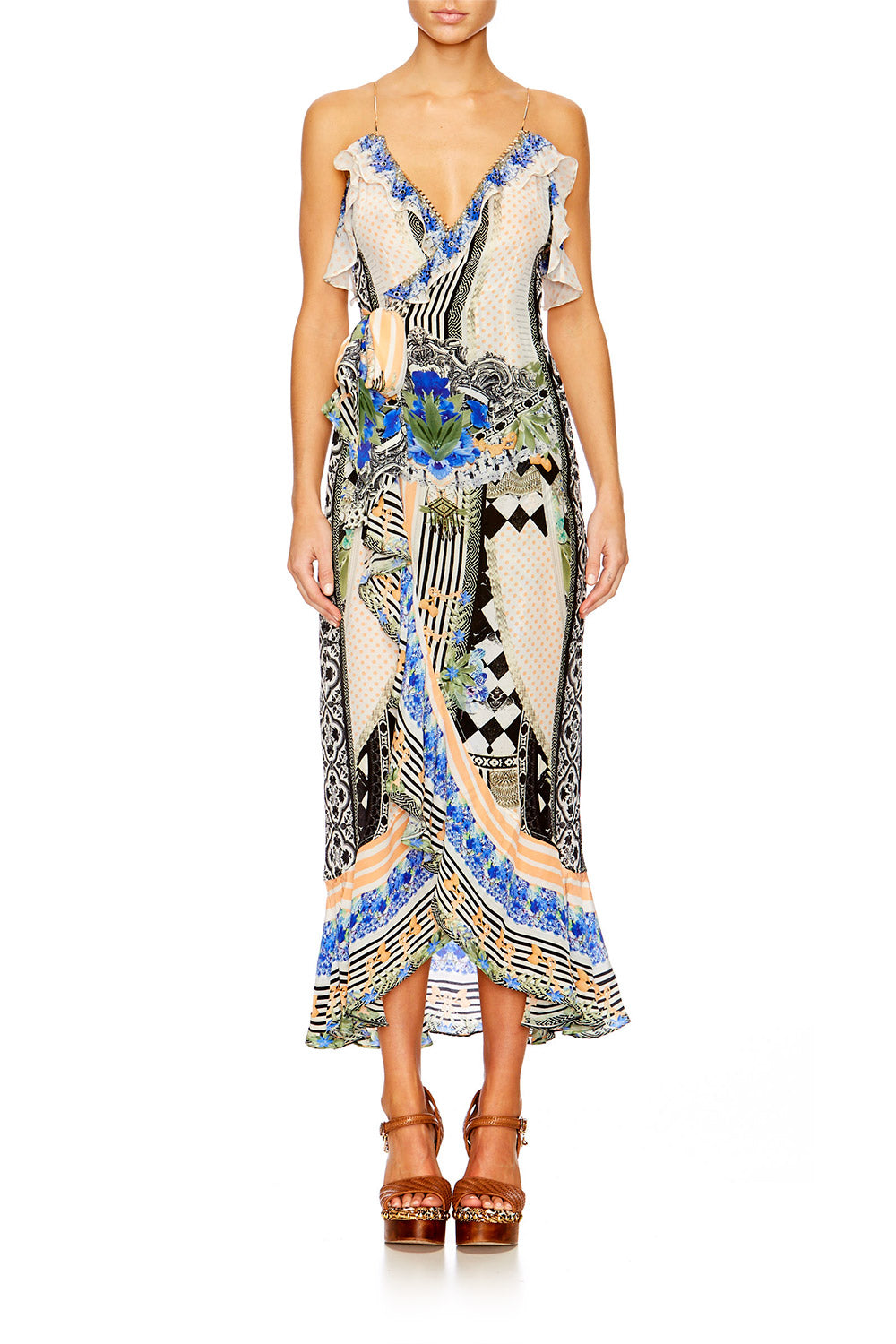 SALVADOR SECRETS LONG WRAP DRESS W FRILL