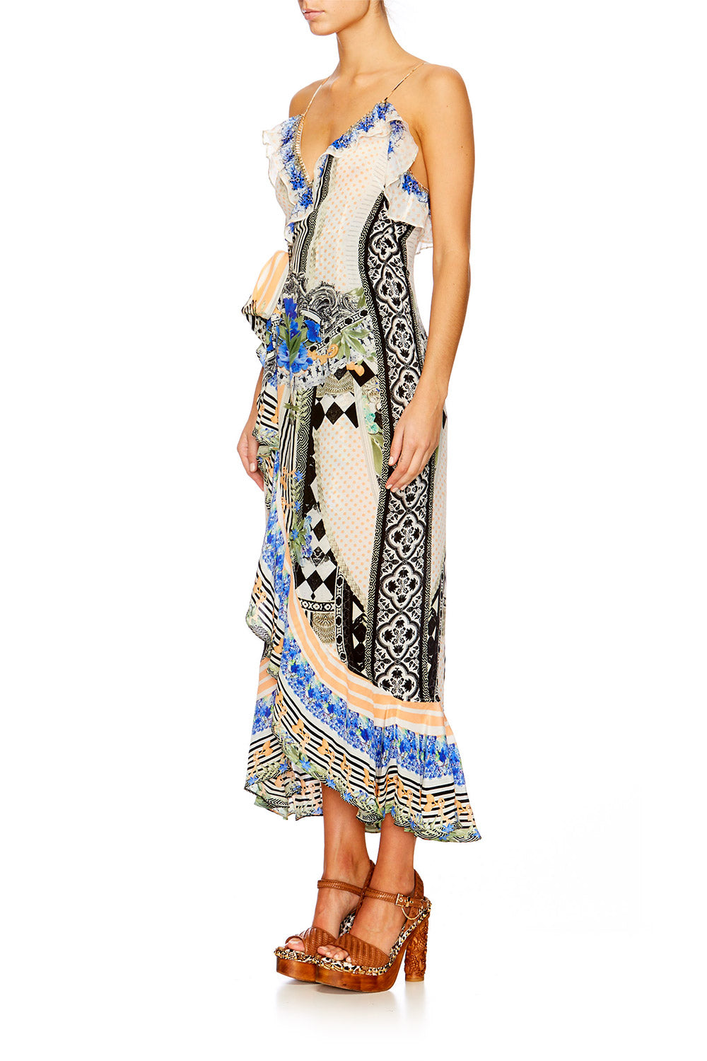 SALVADOR SECRETS LONG WRAP DRESS W FRILL