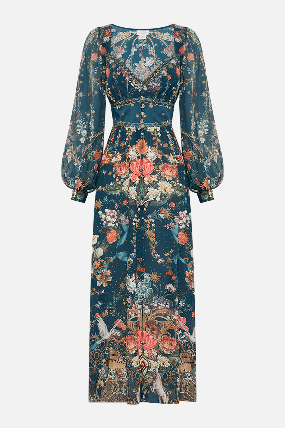 CAMILLA floral  silk dress in She Who Wears The Crown print