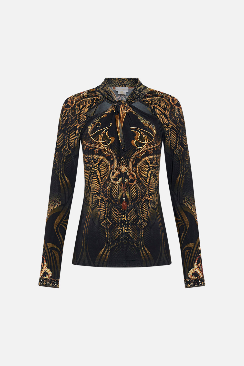 CAMILLA jersey cut out top in Nouveau Noir print