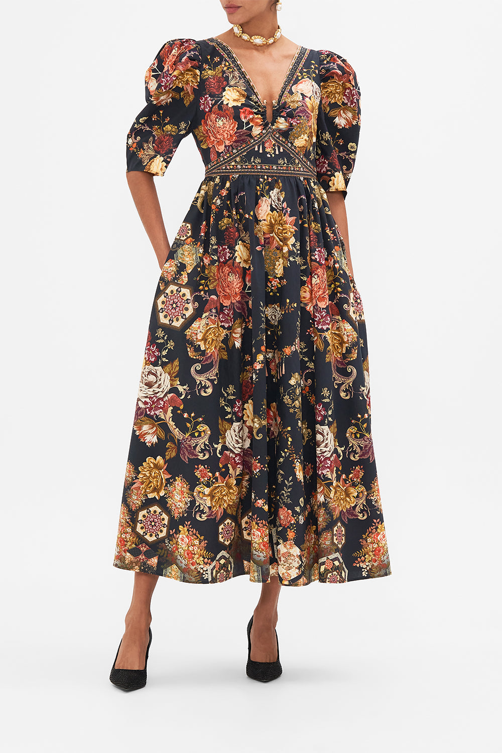 CAMILLA Floral Puff Sleeve Long Dress with Hardware in Stitched in Time