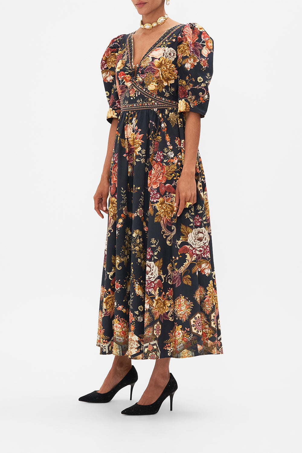 CAMILLA Floral Puff Sleeve Long Dress with Hardware in Stitched in Time