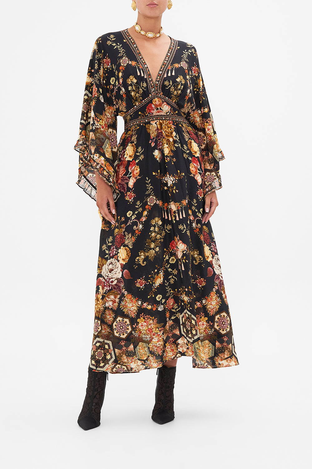 CAMILLA floral waisted dress with kimono sleeve in Stitched In Time print.