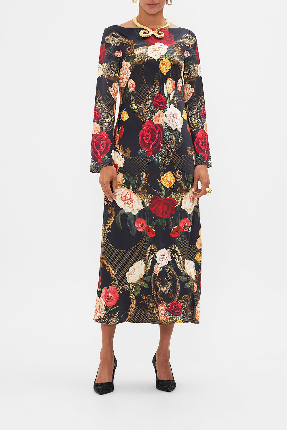 CAMILLA Black Long Sleeve Bias Dress in Magic in the Manuscripts print