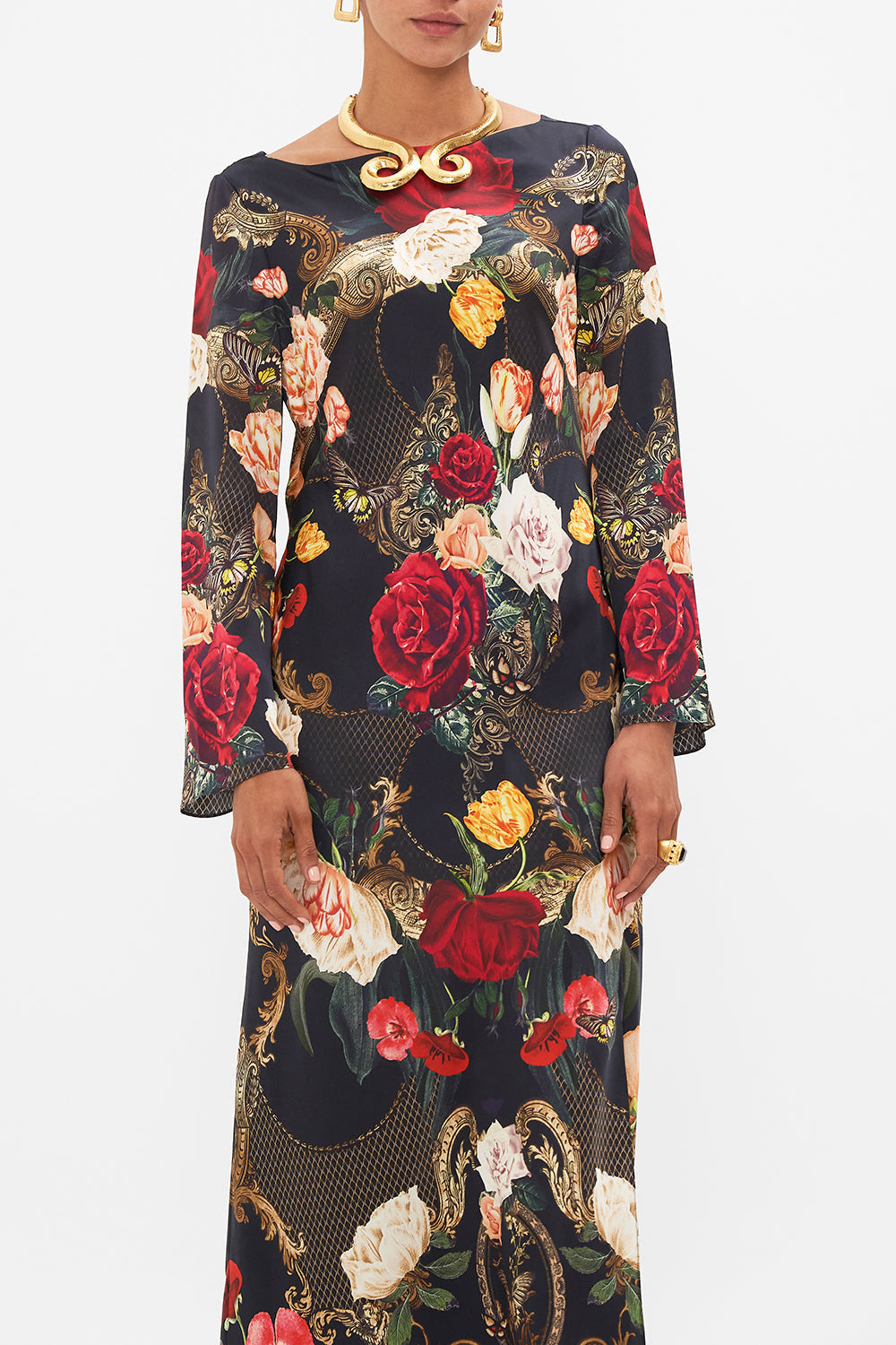 CAMILLA Black Long Sleeve Bias Dress in Magic in the Manuscripts print
