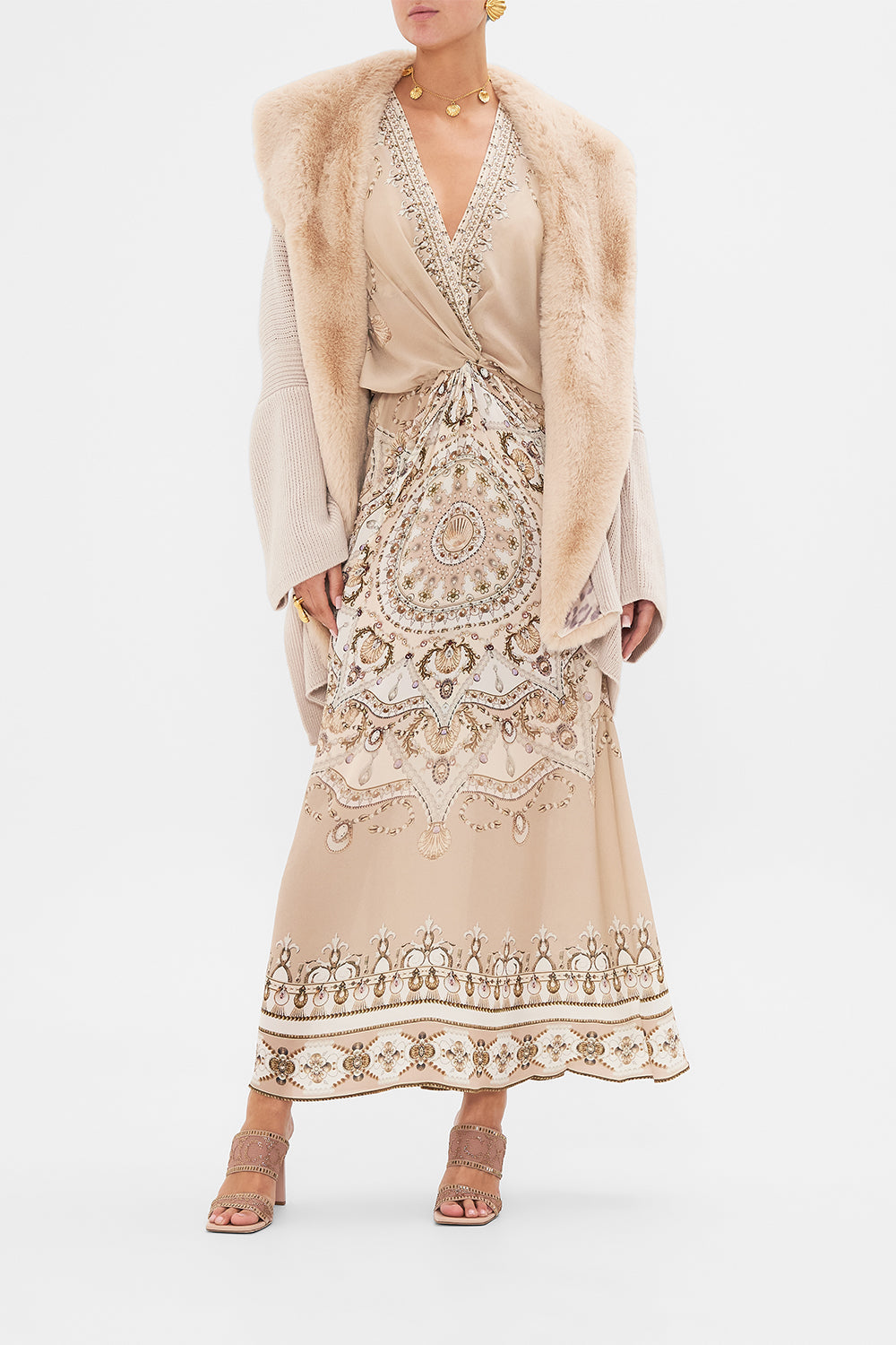 CAMILLA Blush Twist Front Batwing Dress in Grotto Goddess print