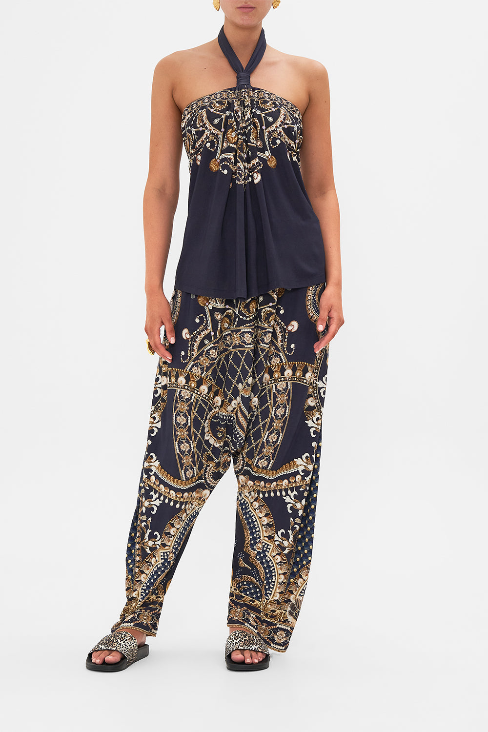 CAMILLA Gold/Black Draped Jersey Halter Top in Dance with the Duke