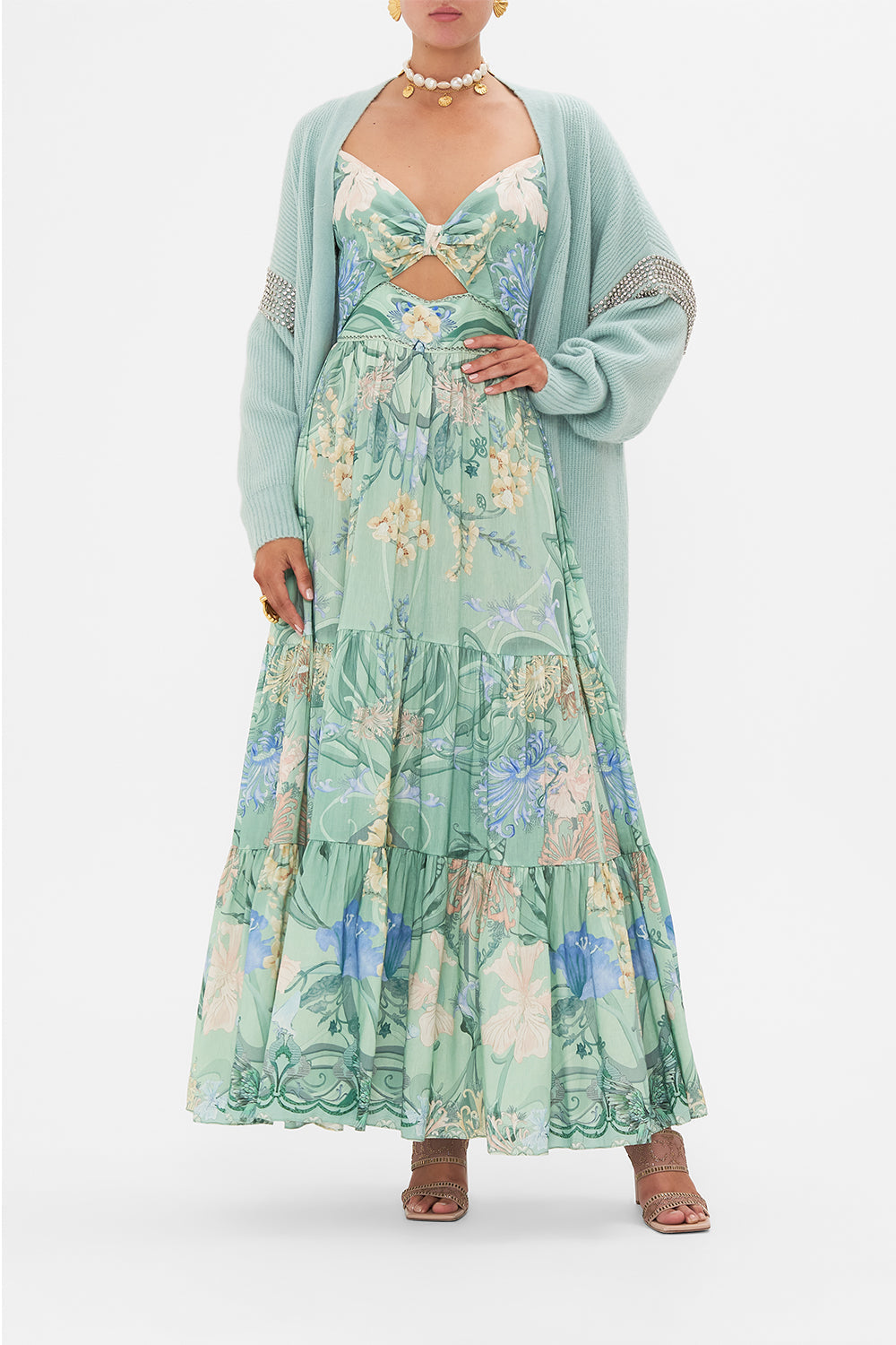 CAMILLA Floral Cut-Out Bodice Dress with Tiered Skirt in Dreaming in Dutch print