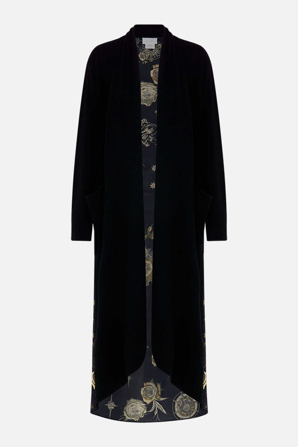 CAMILLA black knitted casual jacket with silk back in So Says The Oracle print.