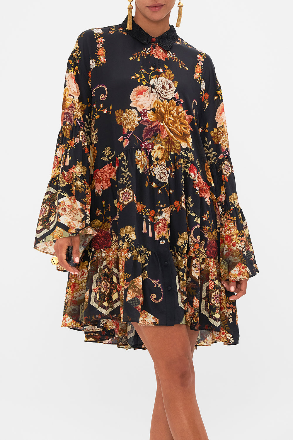 CAMILLA Floral Tiered Dress with Embroidered Collar in Stitched in Time