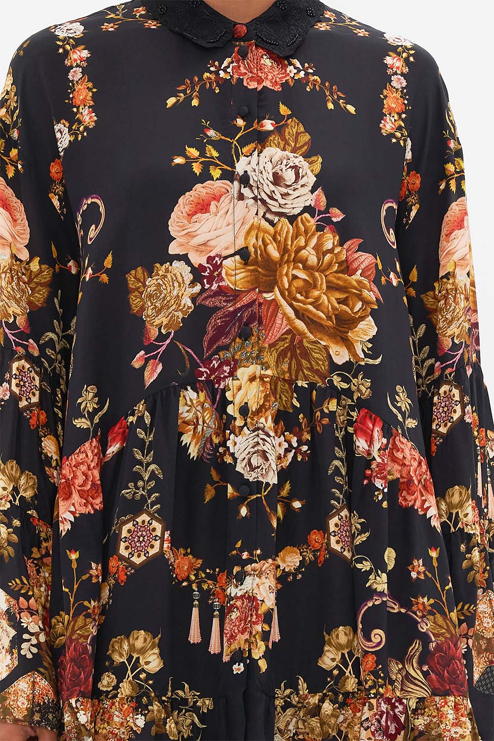 CAMILLA Floral Tiered Dress with Embroidered Collar in Stitched in Time