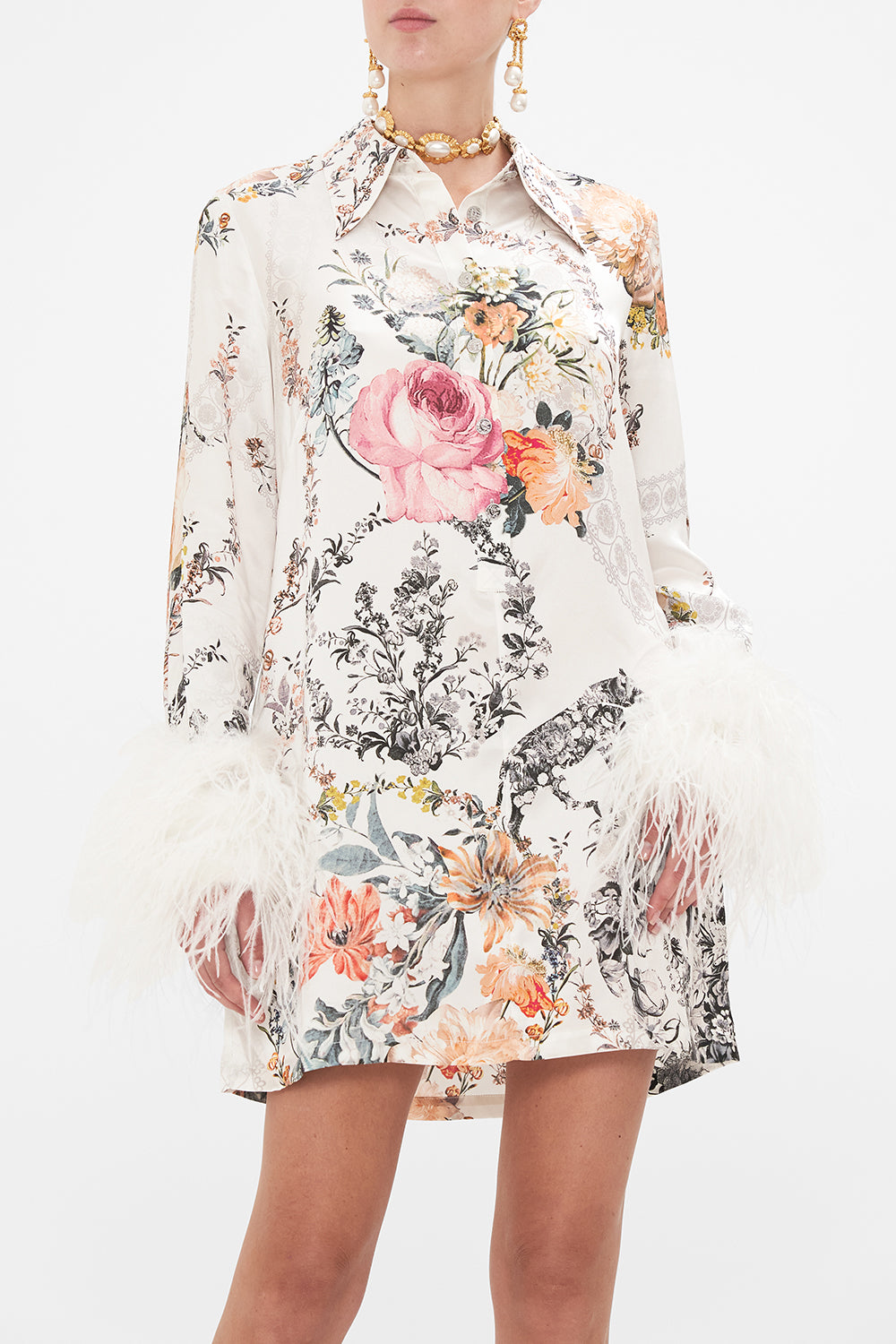 CAMILLA  white mini dress with feathers in De Haar Memoirs print