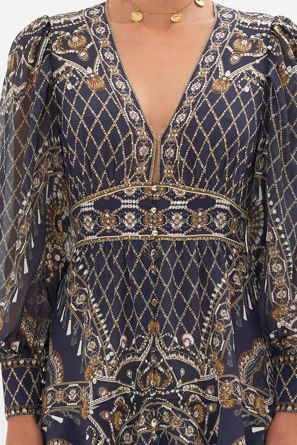 CAMILLA black button frill dress in Dance With The Duke print