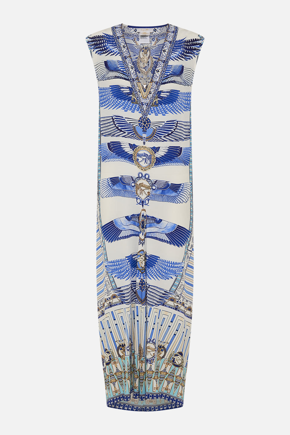 CAMILLA Sleeveless Drape Back Dress in Dancing With Daylight Print.