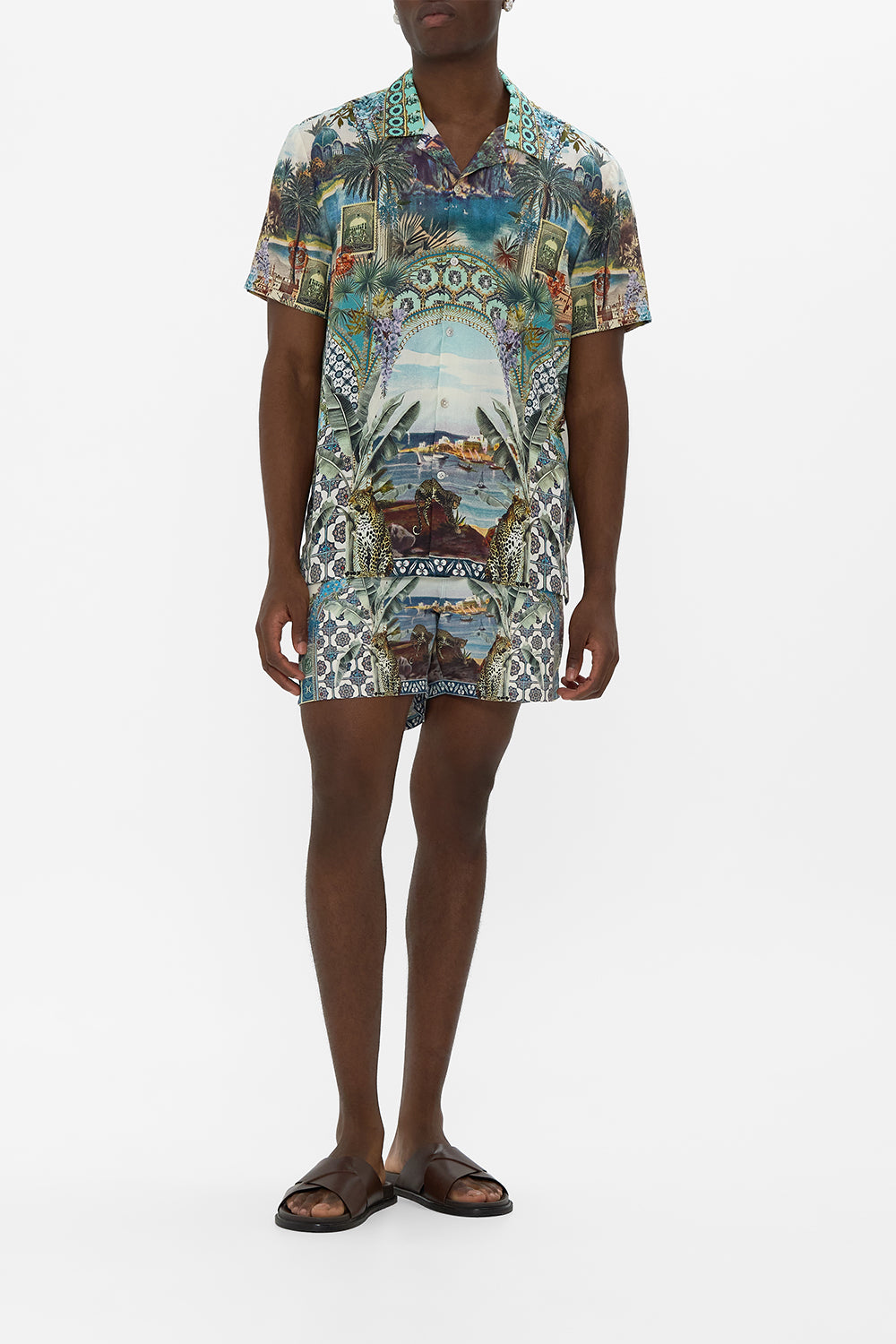The CAMILLA SHORT SLEEVE CAMP COLLARED SHIRT POSTCARDS & PALM TREESPOSTCARDS & PALM TREES