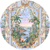 Decorative plate with floral and architectural design, featuring a landscape scene.
