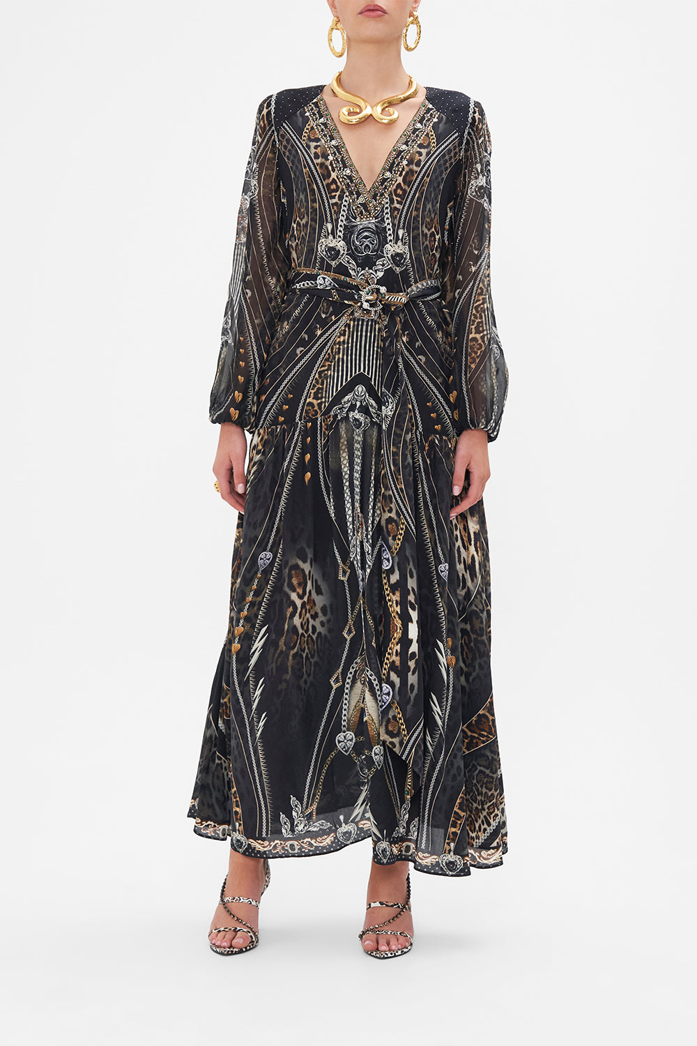 Front view of model wearing CAMILLA silk maxi dress in Chaos In The Cosmos animal print