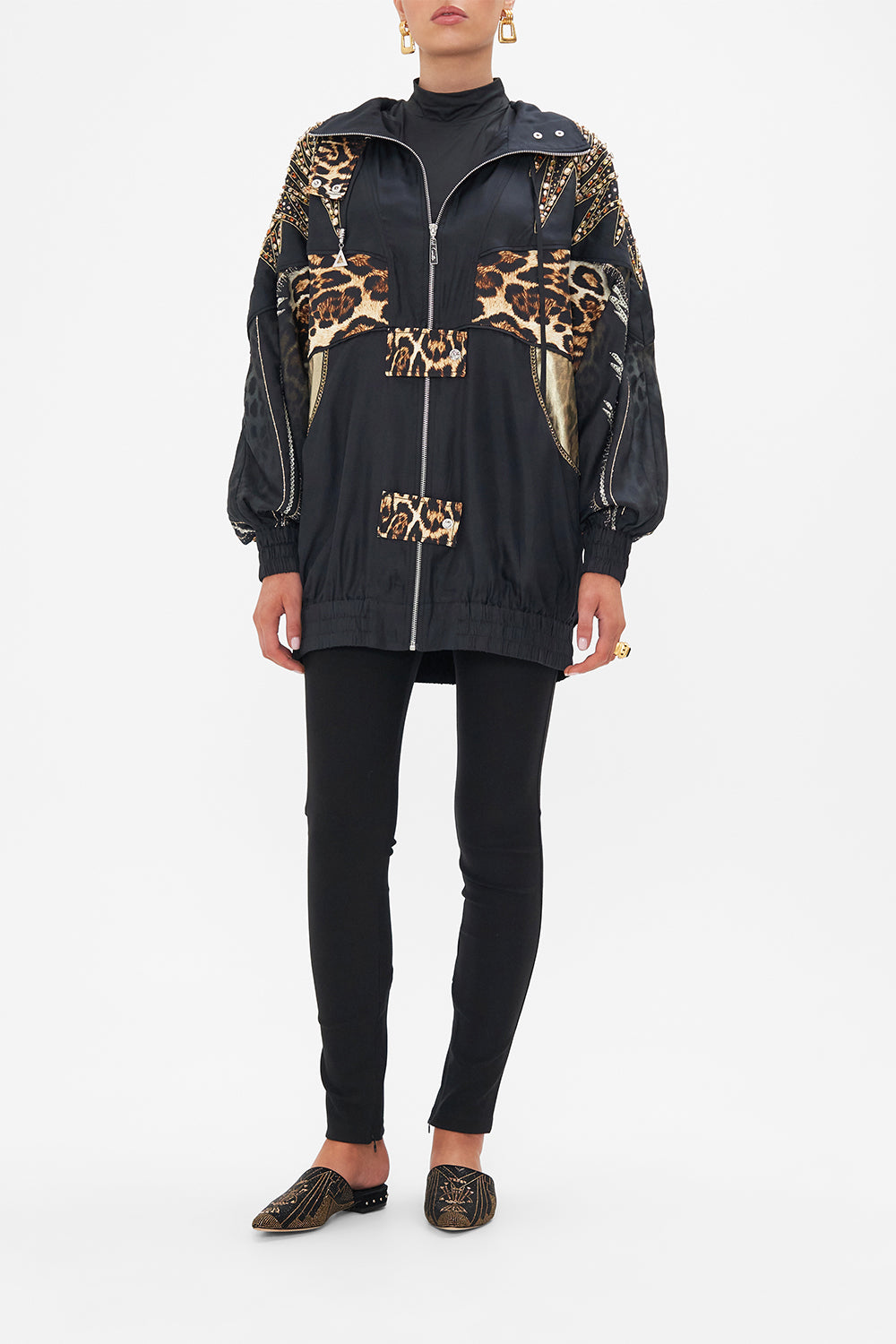 Front view of model wearing CAMILLA animal print jacket in Chaos In The Cosmos print