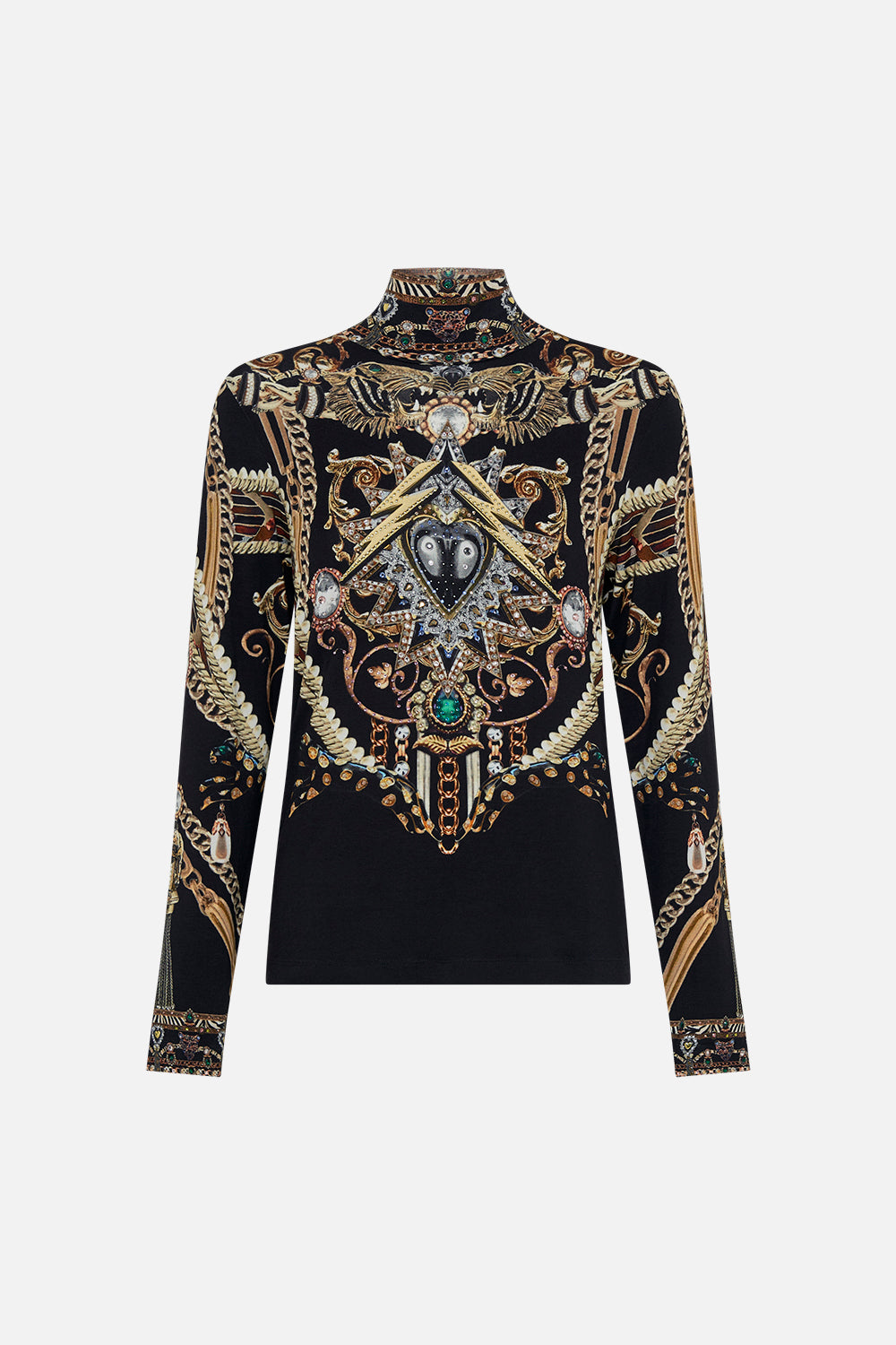 Front product view of  CAMILLA jersey turtleneck  in Chaos In The Cosmos animal print
