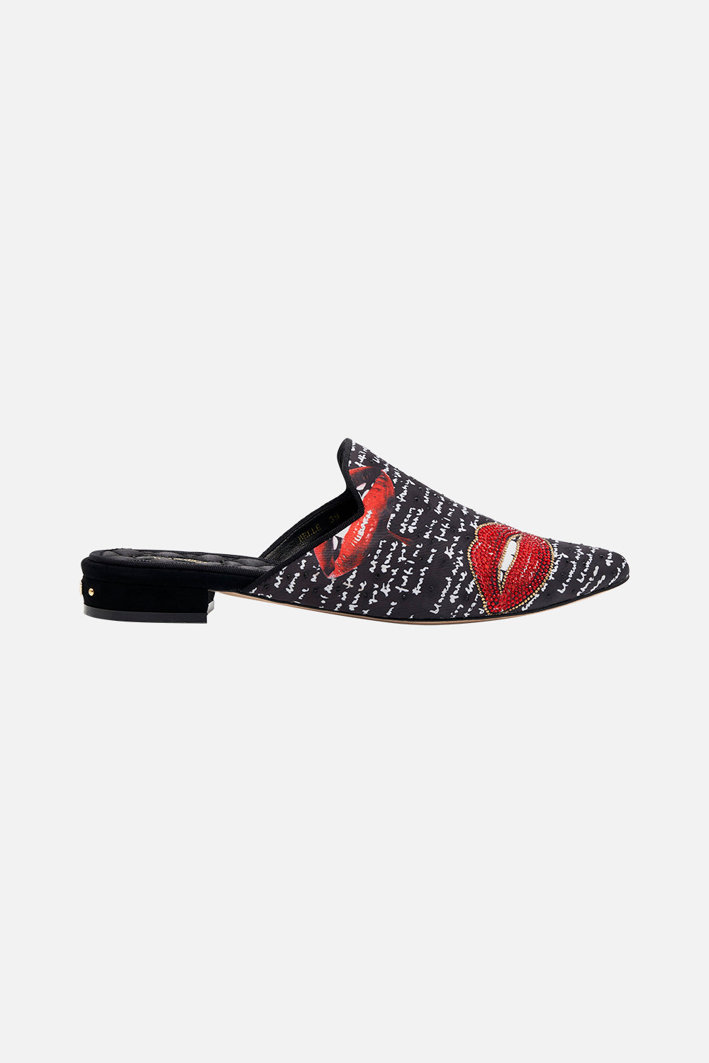 Side view CAMILLA black embroidered slippes Chaos Magic print