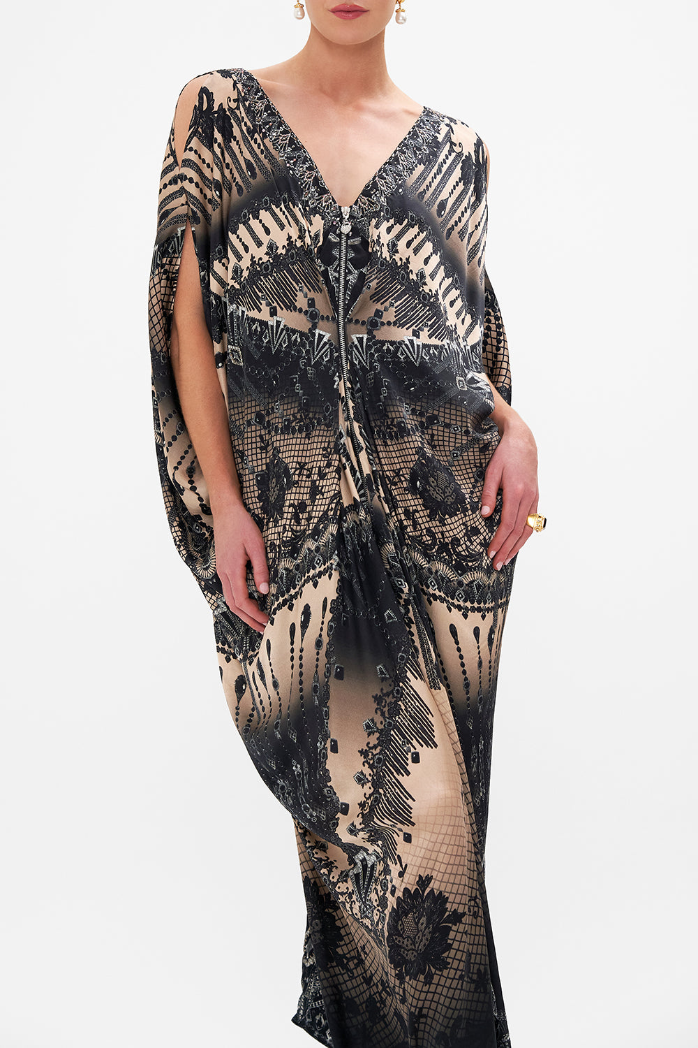 LONG DRAPE DRESS WITH ZIP FRONT CURTAIN CALL CHAOS