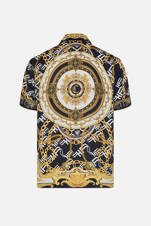 Back product view of Hotel Franks by CAMILLA mens silk short sleeve camp collared shirt in black and gold Tether Me Not print