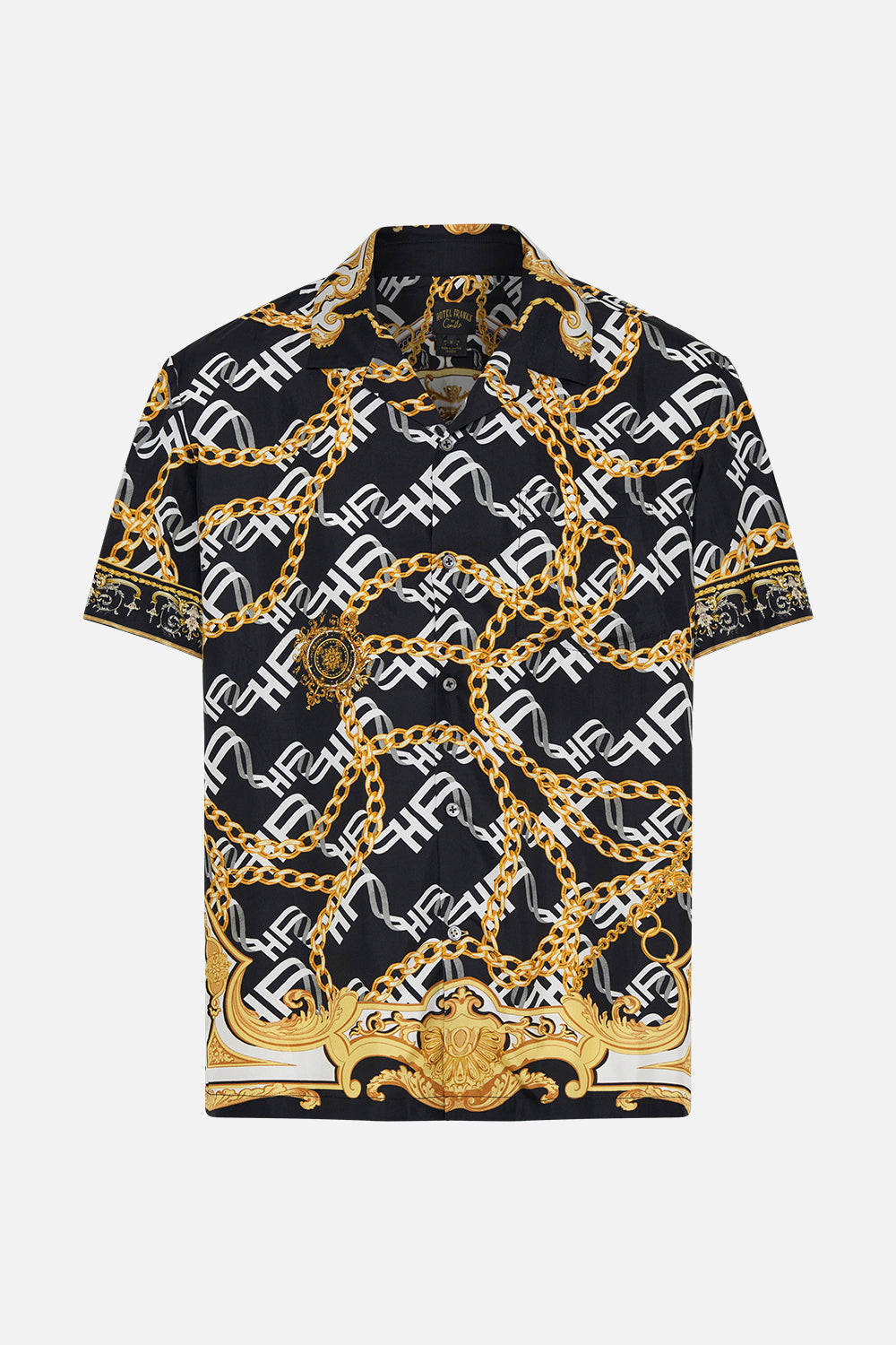 Product view of Hotel Franks by CAMILLA mens silk short sleeve camp collared shirt in black and gold Tether Me Not print