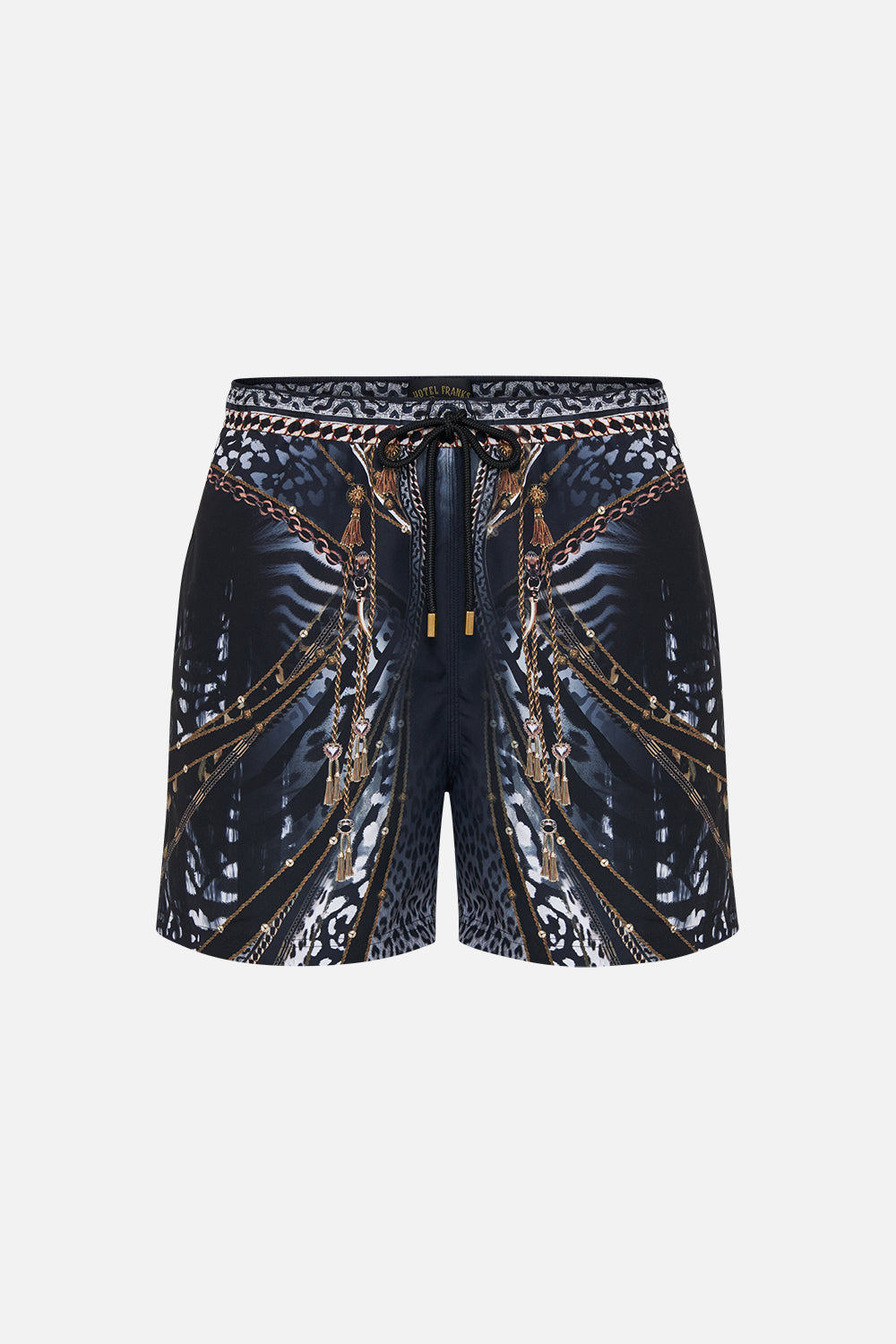 Product view of Hotel Franks by CAMILLA mens black boardshorts in Untamed Royalty print