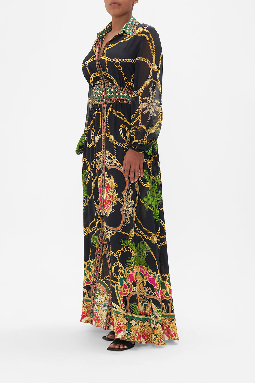 WAISTBAND LONG DRESS WITH COLLAR JEALOUSY AND JEWELS