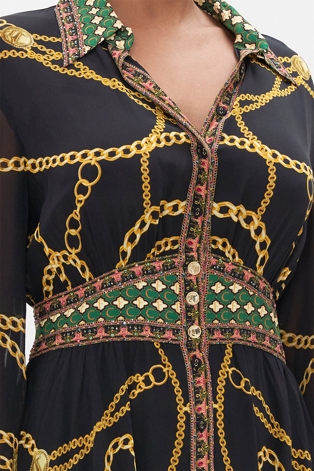 WAISTBAND LONG DRESS WITH COLLAR JEALOUSY AND JEWELS