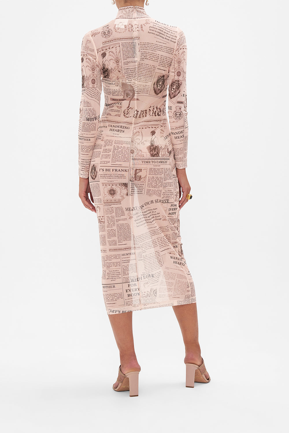 Back view of model wearing CAMILLA mesh dress in Fame Fever print