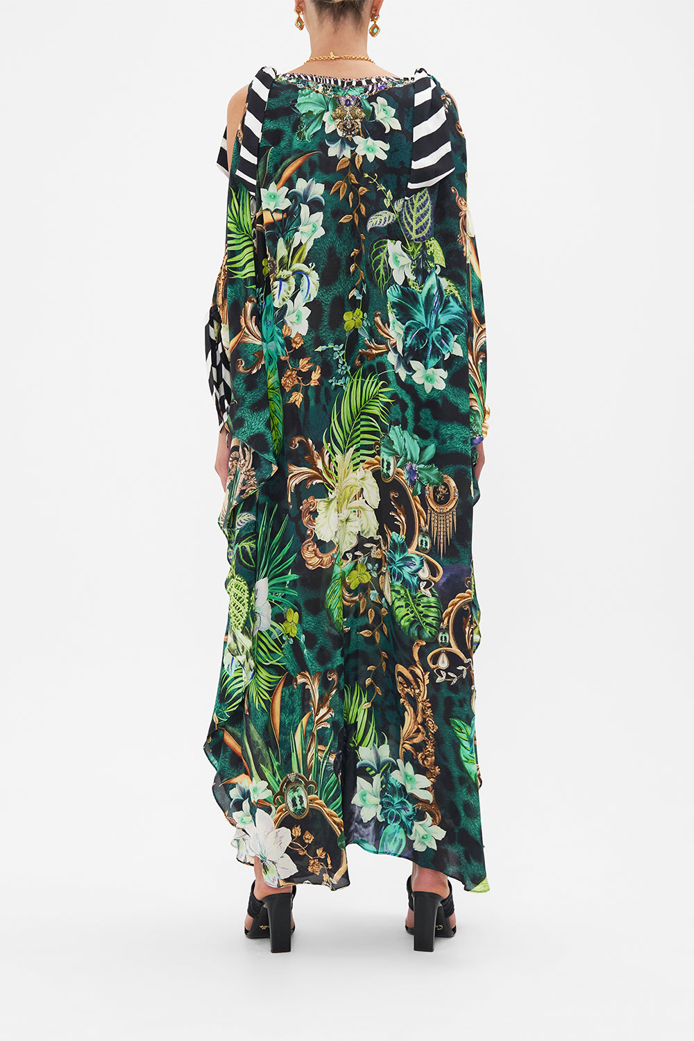 Back view of model wearing CAMILLA silk kaftan in Sing My Song print