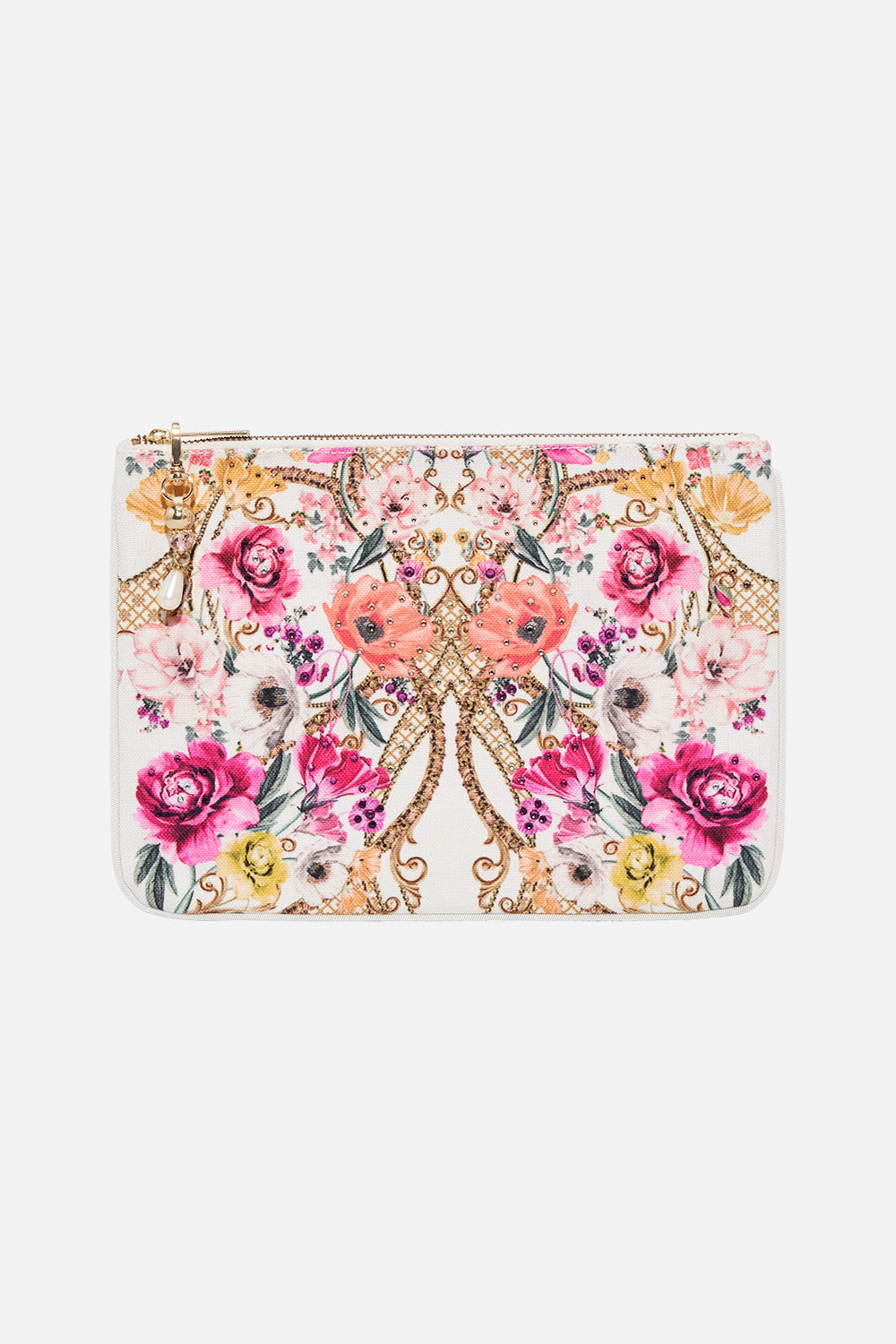 Product view of CAMILLA floral print clutch bag in Destiny Calling print 