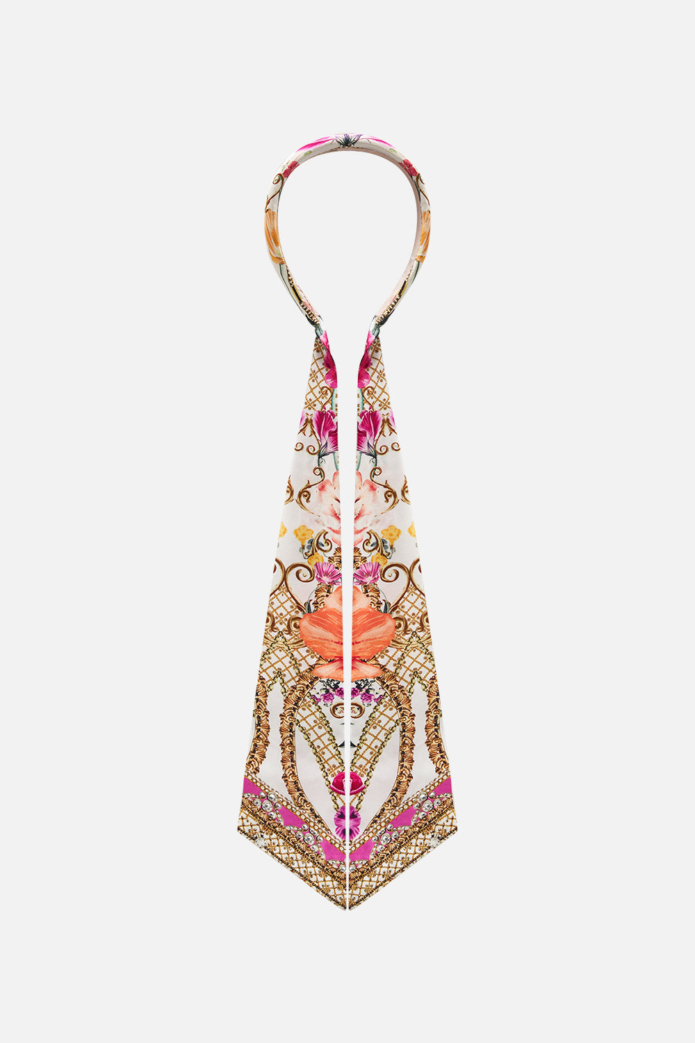 Close up view of CAMILLA silk head in Destiny Calling floral print 