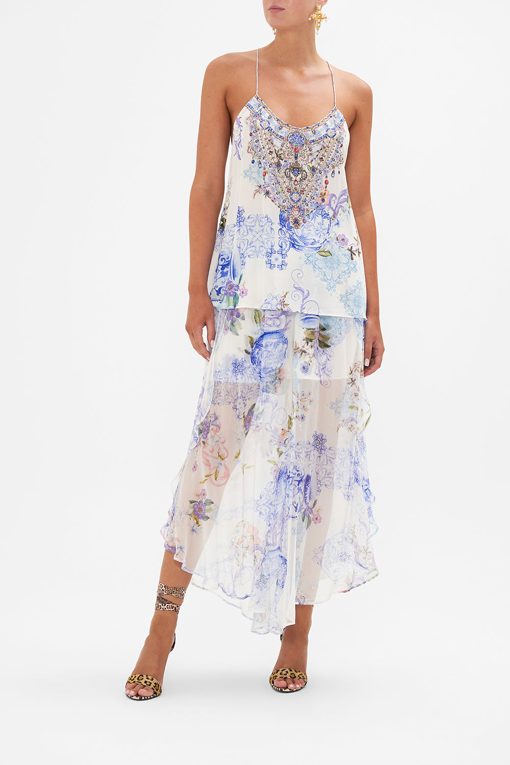 Front view of model wearing CAMILLA silk floral print top in Paint Me Positano print