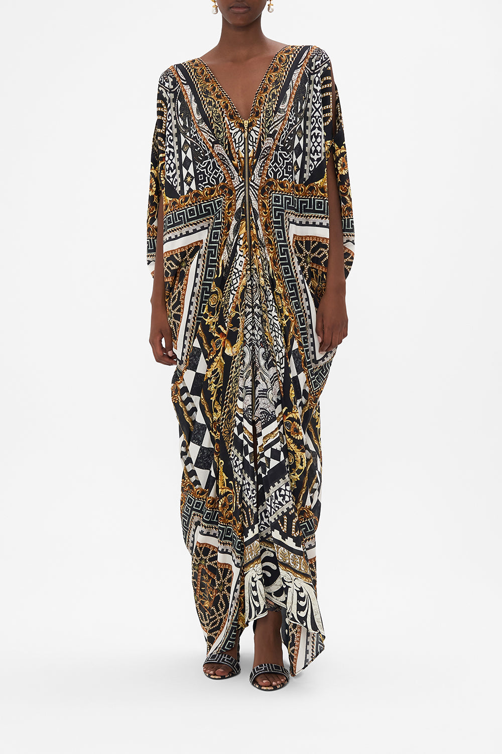 Front view of model wearing CAMILLA silk kaftan in Look Up Tesoro print