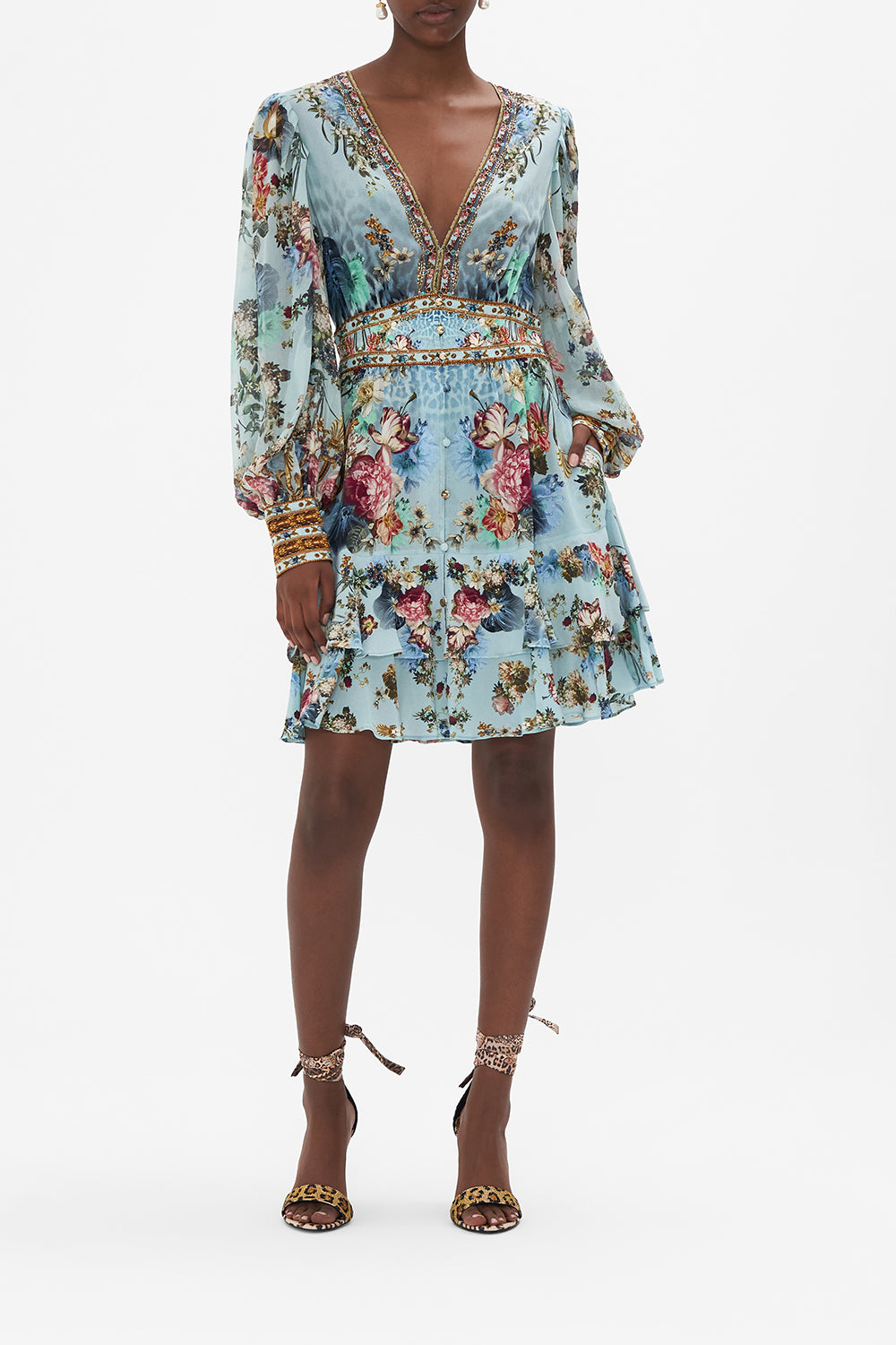 Front view of model wearing CAMILLA silk frill dress in Letters To Leo print