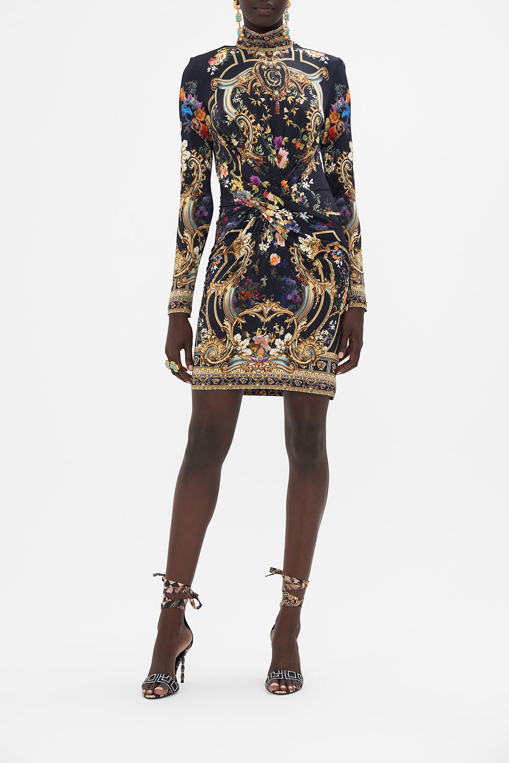 Front view of model wearing CAMILLA jersey long sleeve mini dress in Play Your Cards Right print