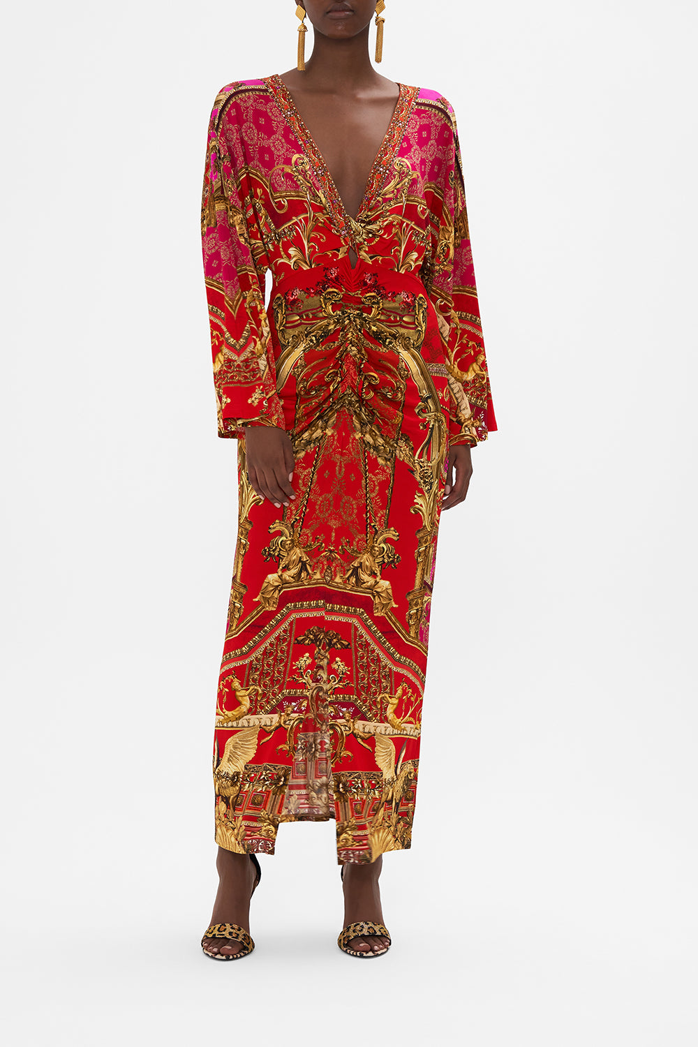 Front view of model wearing CAMILLA red jersey dress in Sweet Soprano print