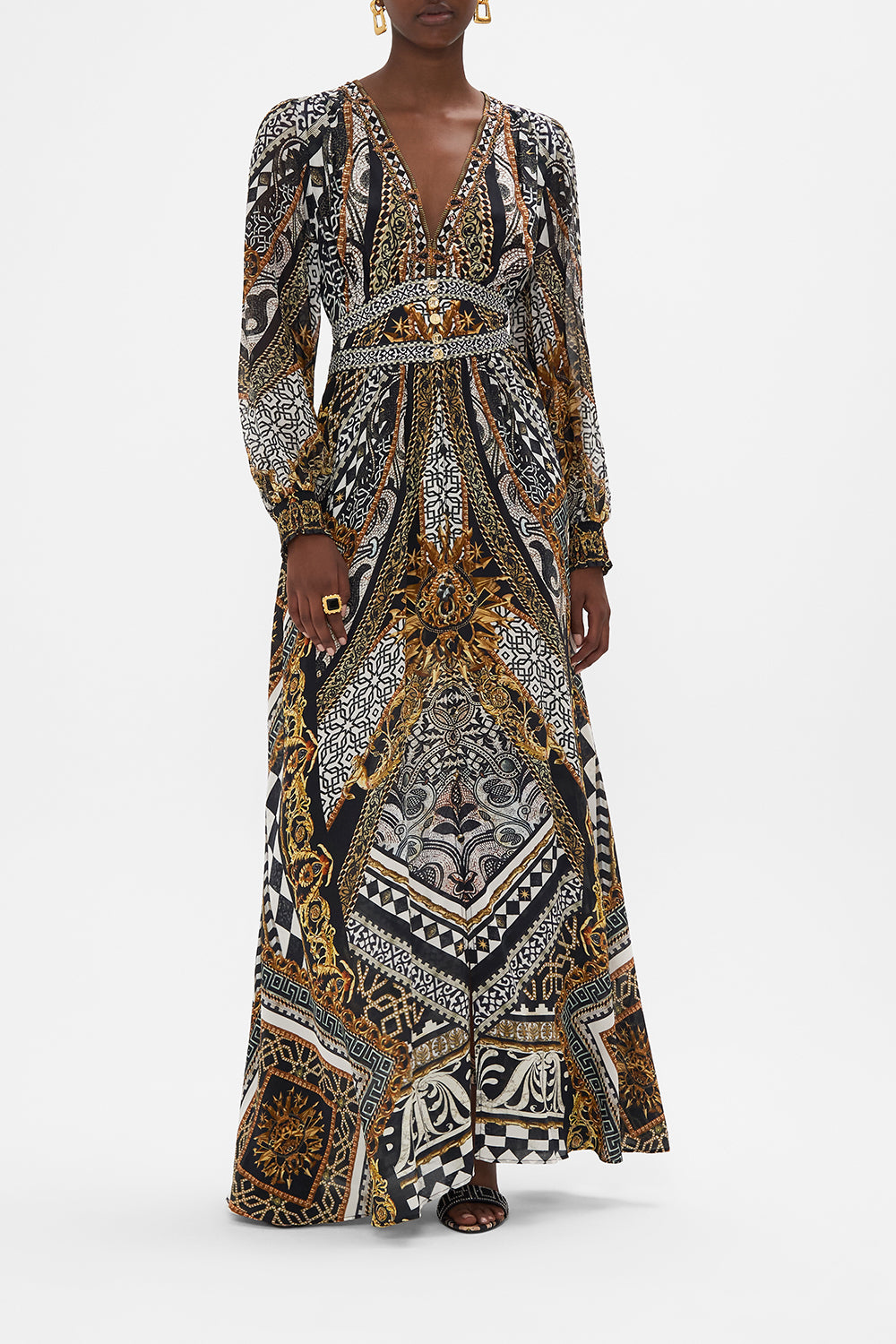 Front view of model wearing CAMILLA silk maxi dress in Look Up Tesoro print