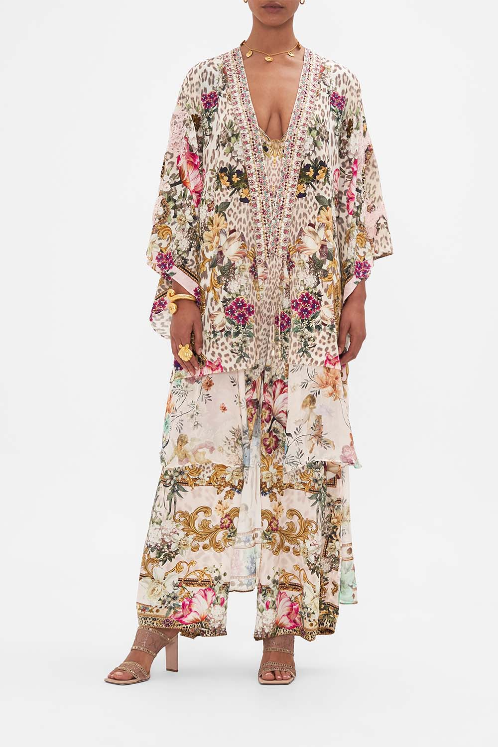 Front view of model wearing CAMILLA silk kimono jacket in Bambino Bliss print