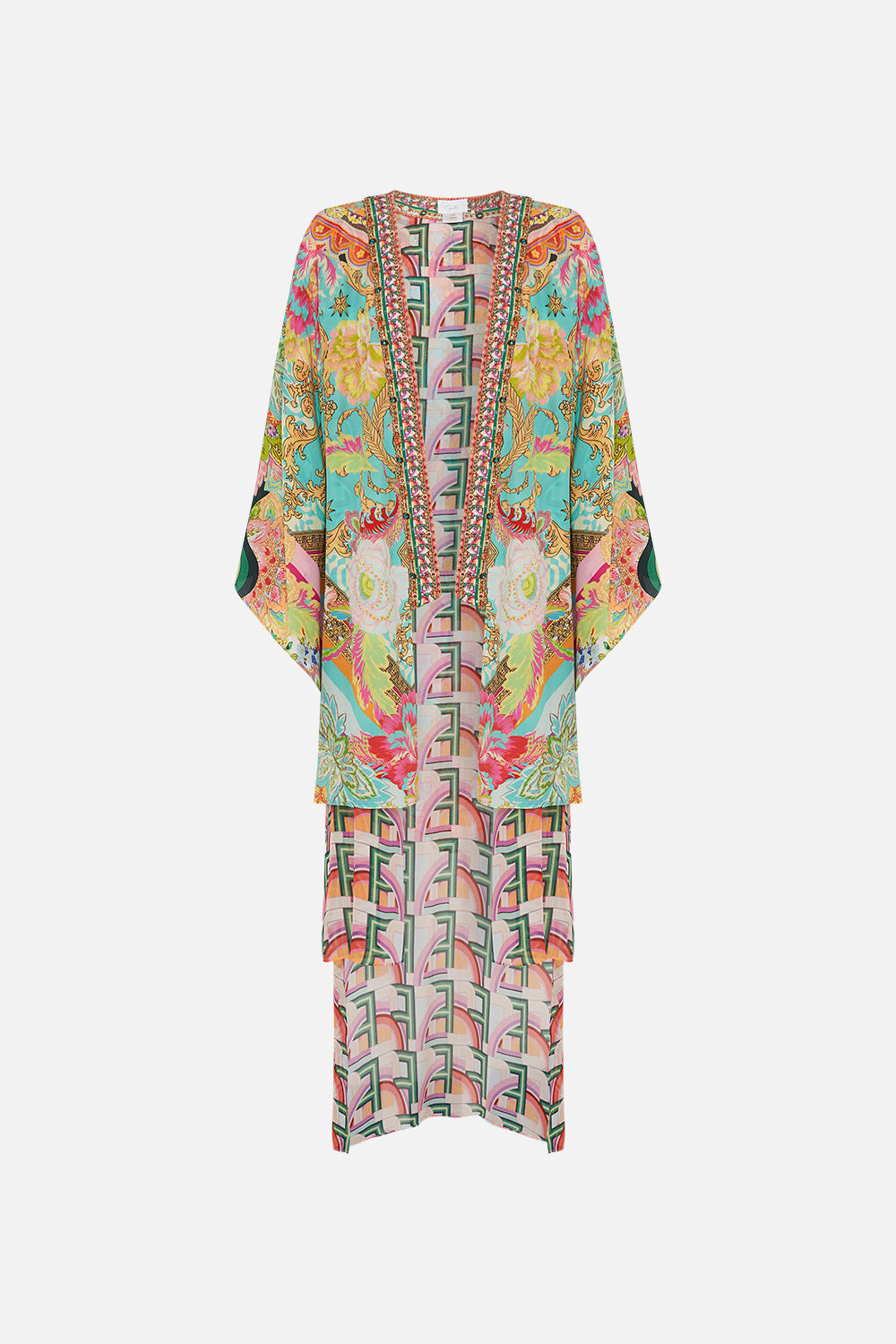 Product view of CAMILLA silk kimono in An Italian Welcome print