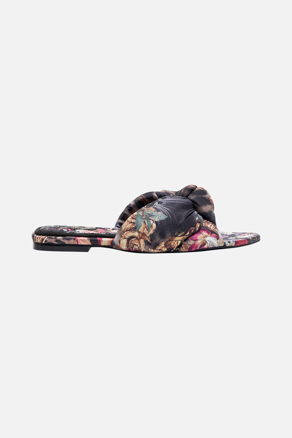 Product view of CAMILLA floral print knotted mule in A Night At The Opera print