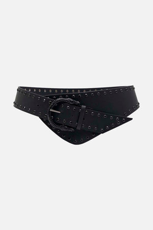 Product view of CAMILLA asymmetric leather belt in solid black