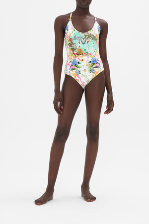 Front view of model wearing CAMILLA swimwear one piece swimsuit in Amalfi Lullaby print